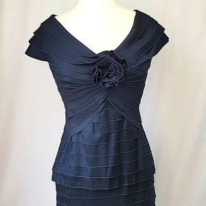 Tadashi Shoji Tiered Cocktail Dress with Rosette Bodice Navy Size 4
